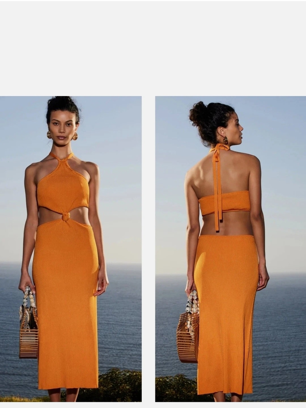 cult gaia Orange Halter Midi Dress with Front Knot
